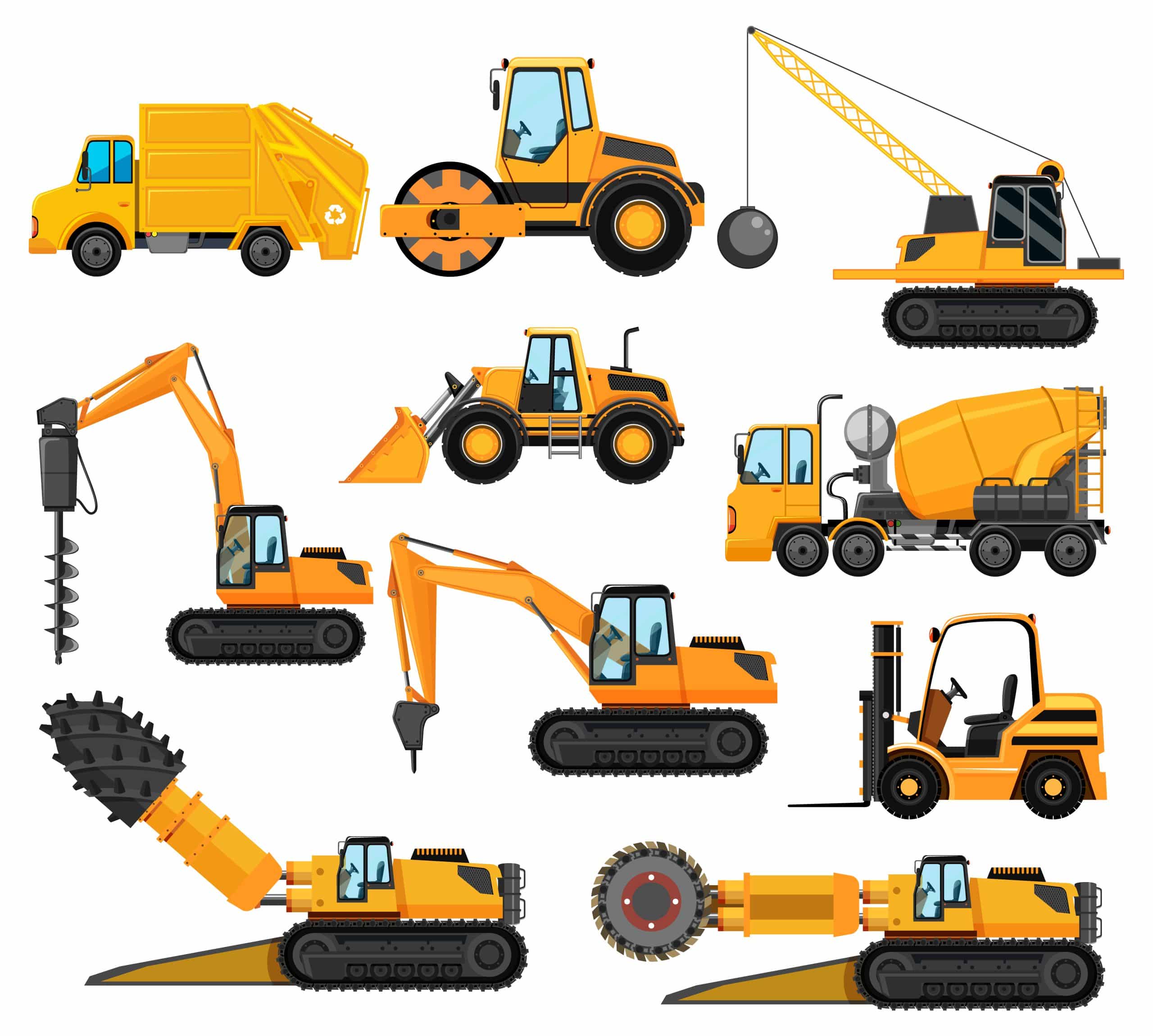 Different types of construction vehicles