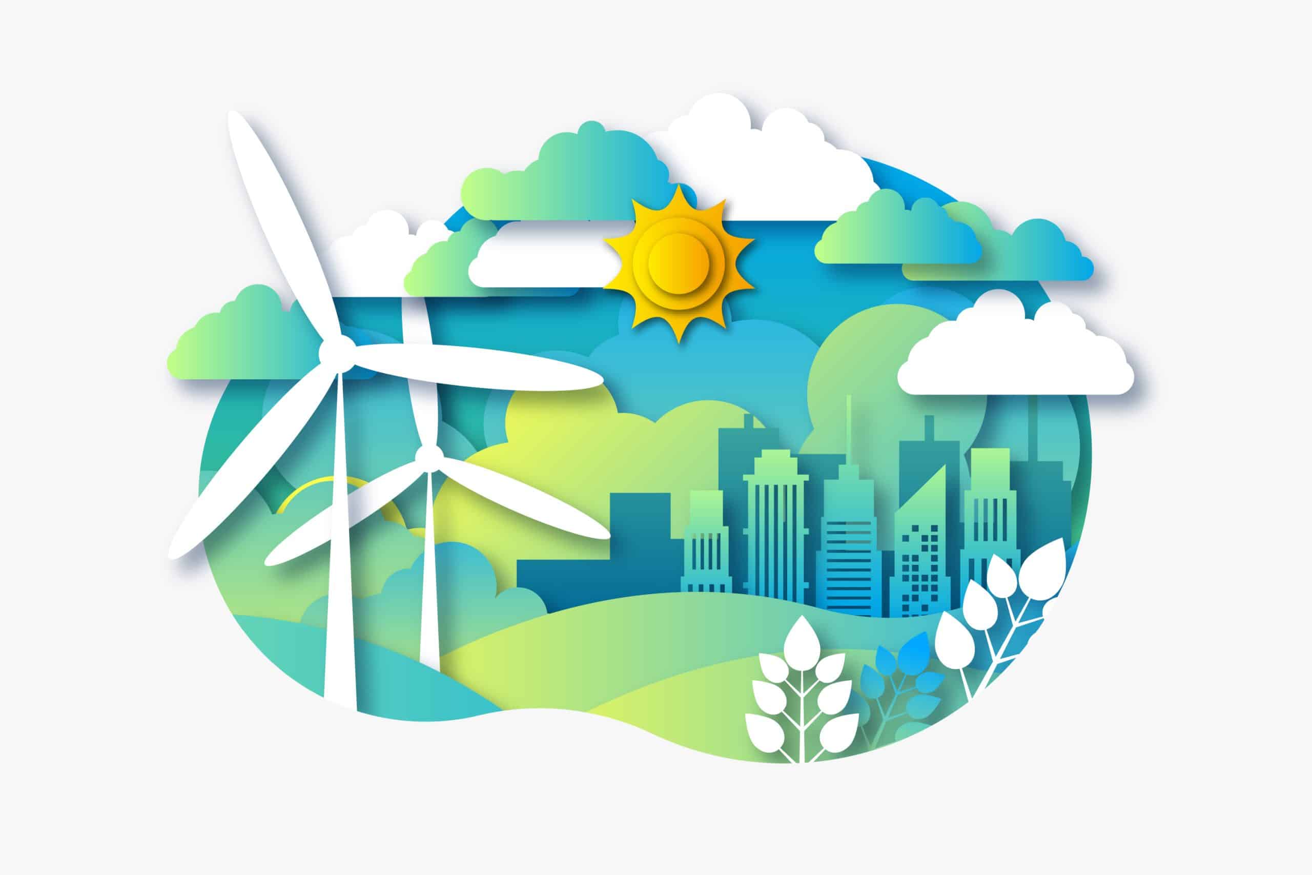 The image displays a colorful, paper-cut style artwork featuring renewable energy sources like wind turbines against an urban skyline with nature elements, depicting a sustainable environment.