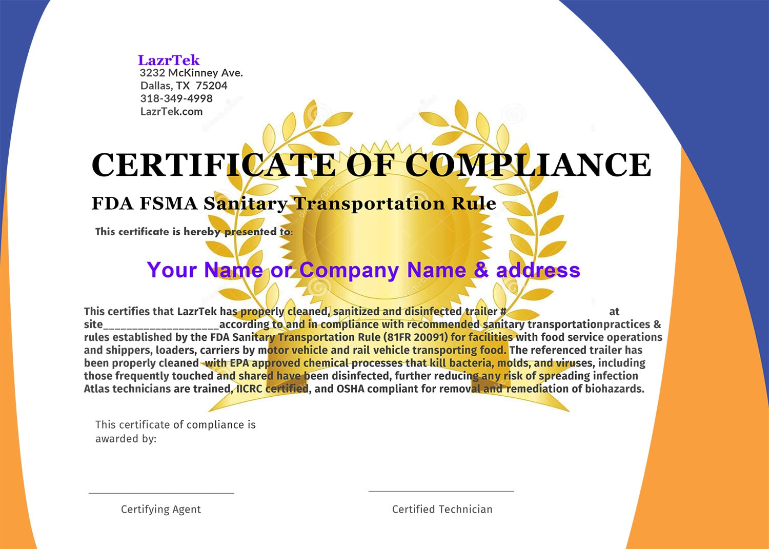 Food Service Washout certificate of compliance Lazrtek