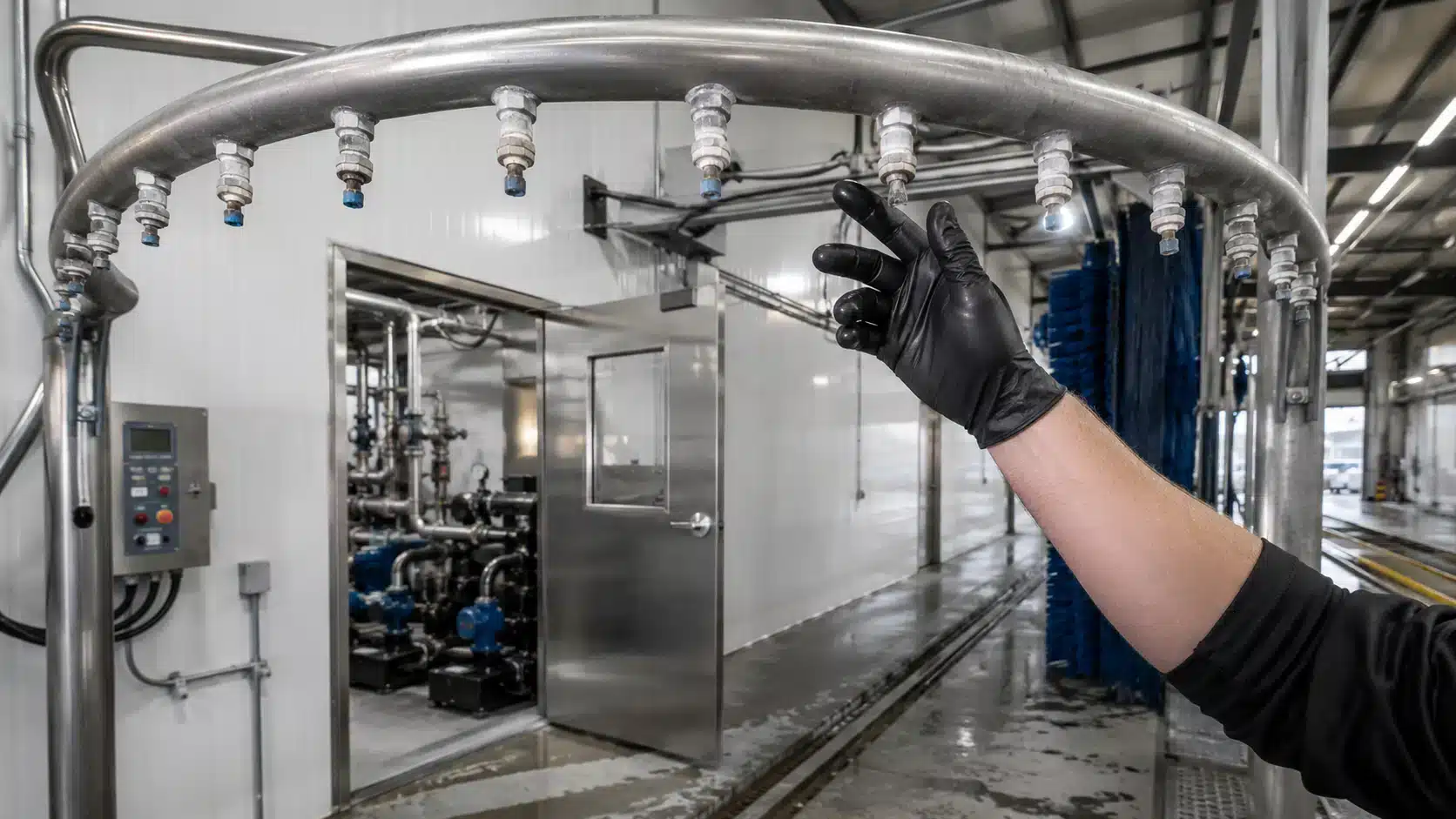 Inspecting spray arch nozzles and pump room equipment inside a truck wash bay.