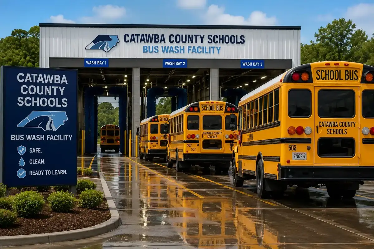 Catawba County Schools bus wash facility — school buses queued at a three-bay LazrTek district wash