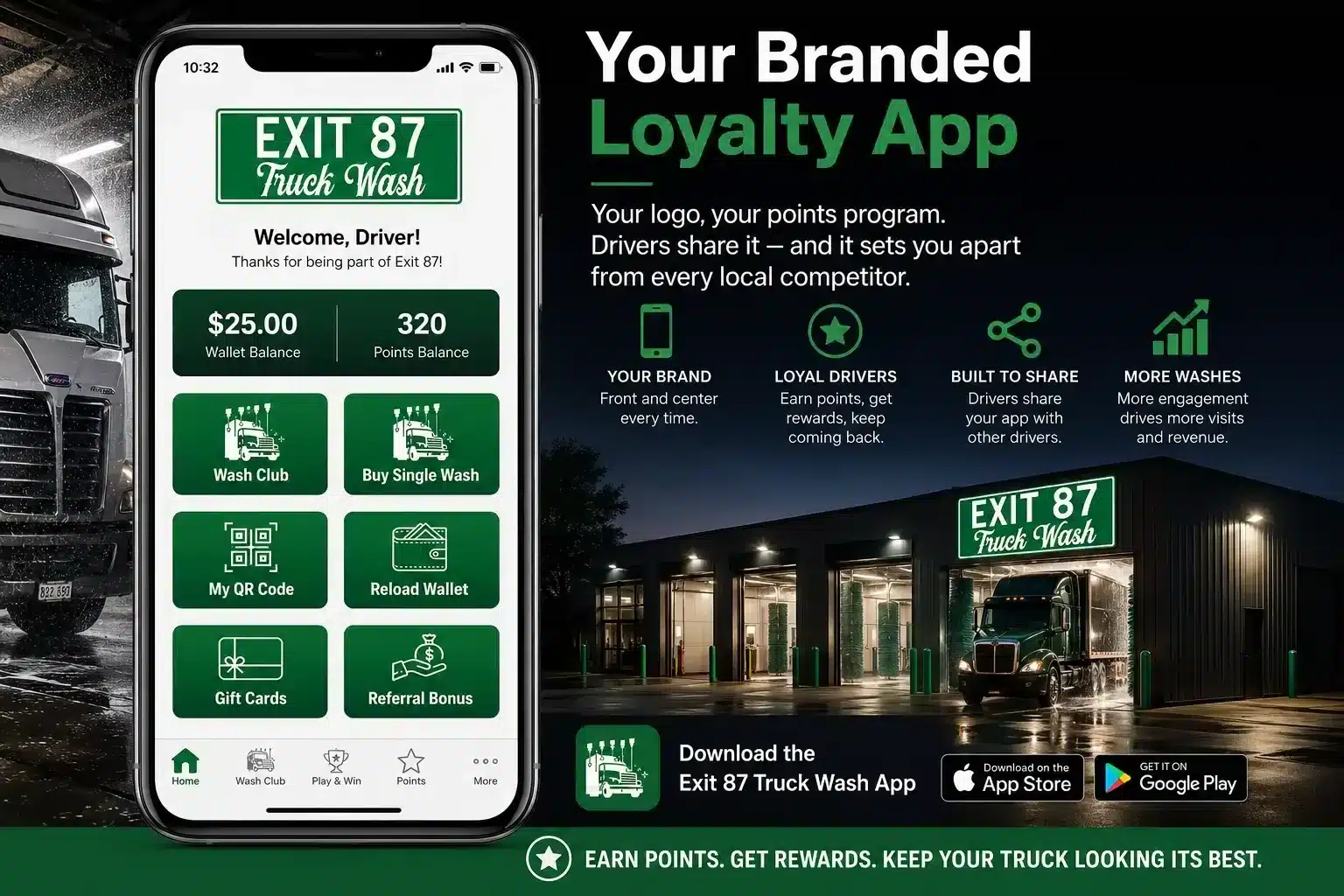 Exit 87 Truck Wash branded loyalty app by LazrTek — wallet, points, wash club, and referral rewards