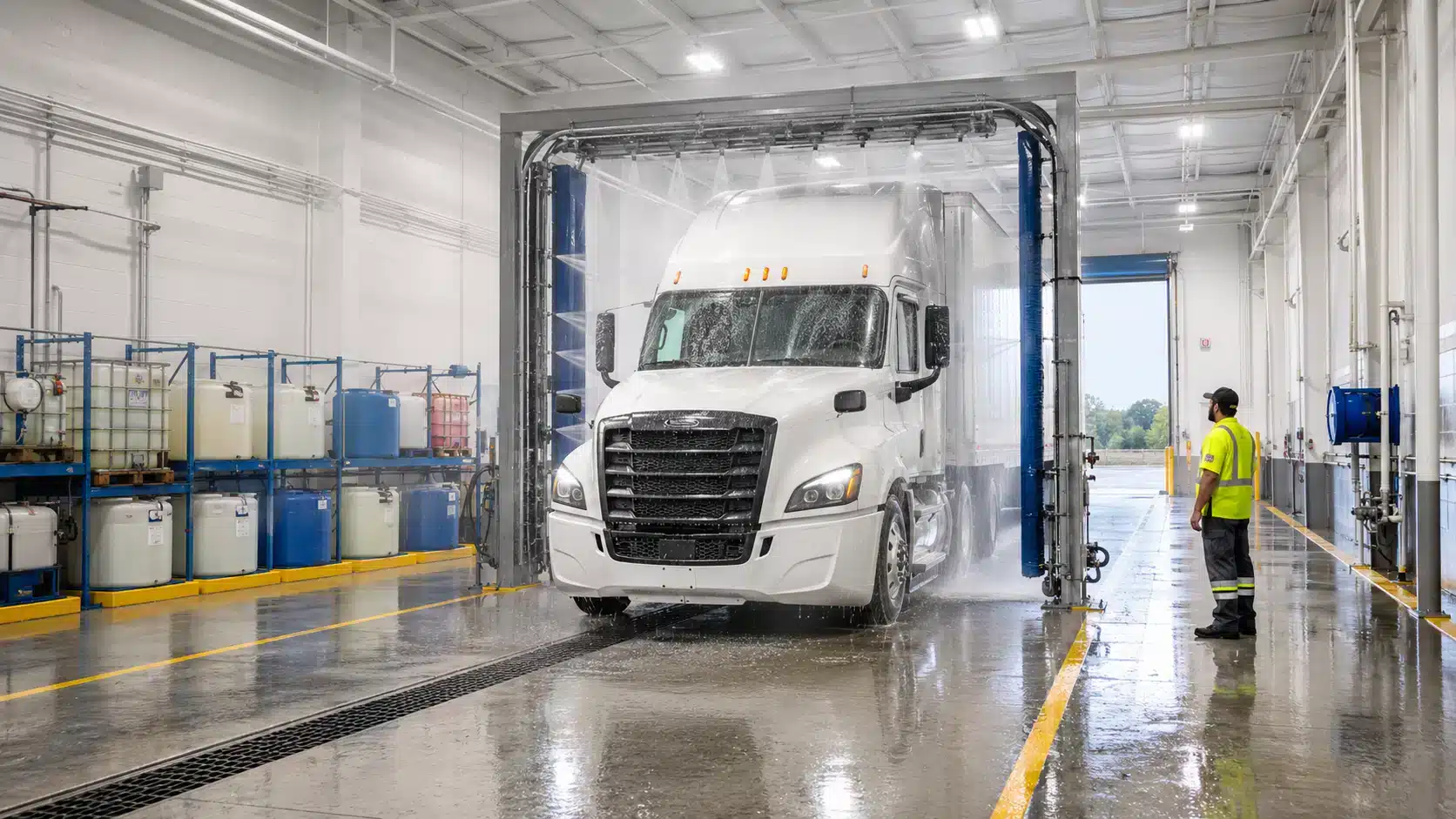 A tractor-trailer being washed in a company-owned touchless fleet wash bay with one attendant.
