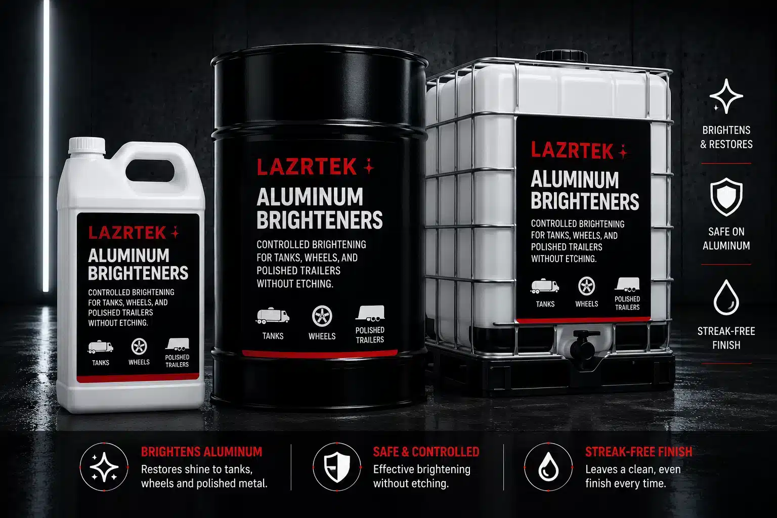 LazrTek Aluminum Brighteners — controlled brightening for tanks, wheels, and polished trailers without etching