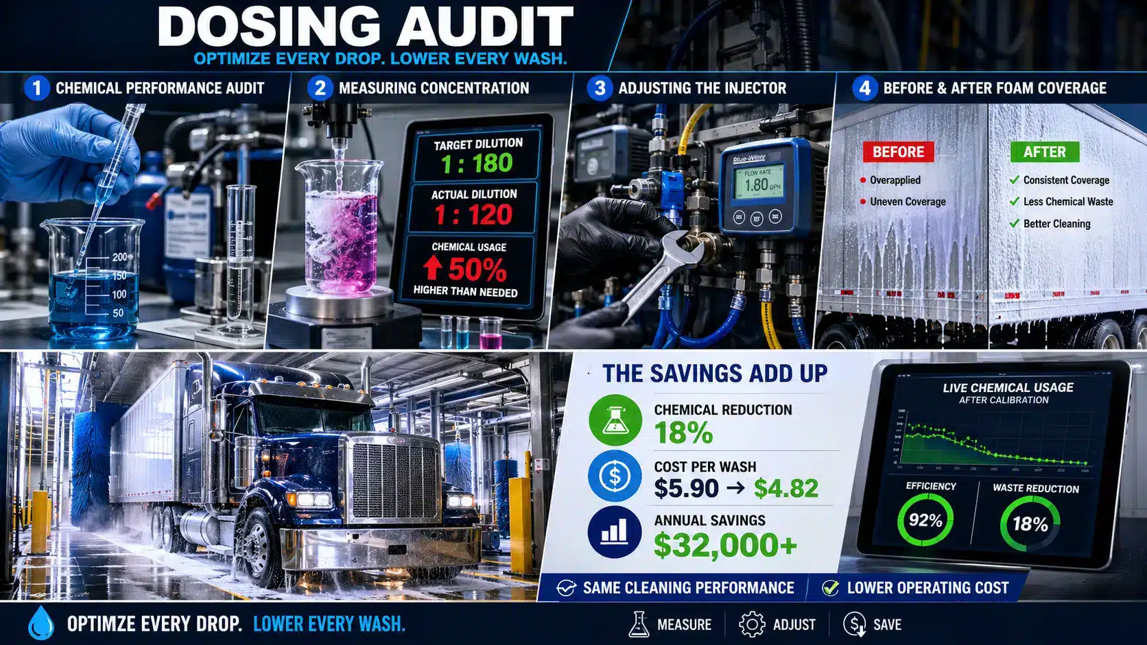 LazrTek dosing audit process — measuring chemical concentration, adjusting injectors, and before-and-after foam coverage with the resulting cost-per-wash savings