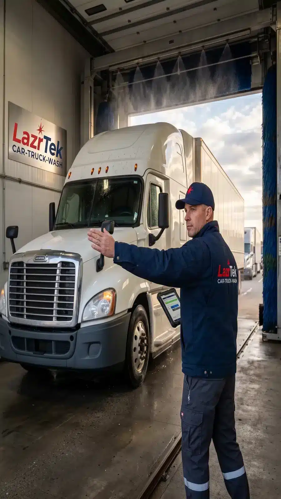 Uniformed LazrTek attendant guiding a semi truck into an automated wash bay at a contract-managed facility