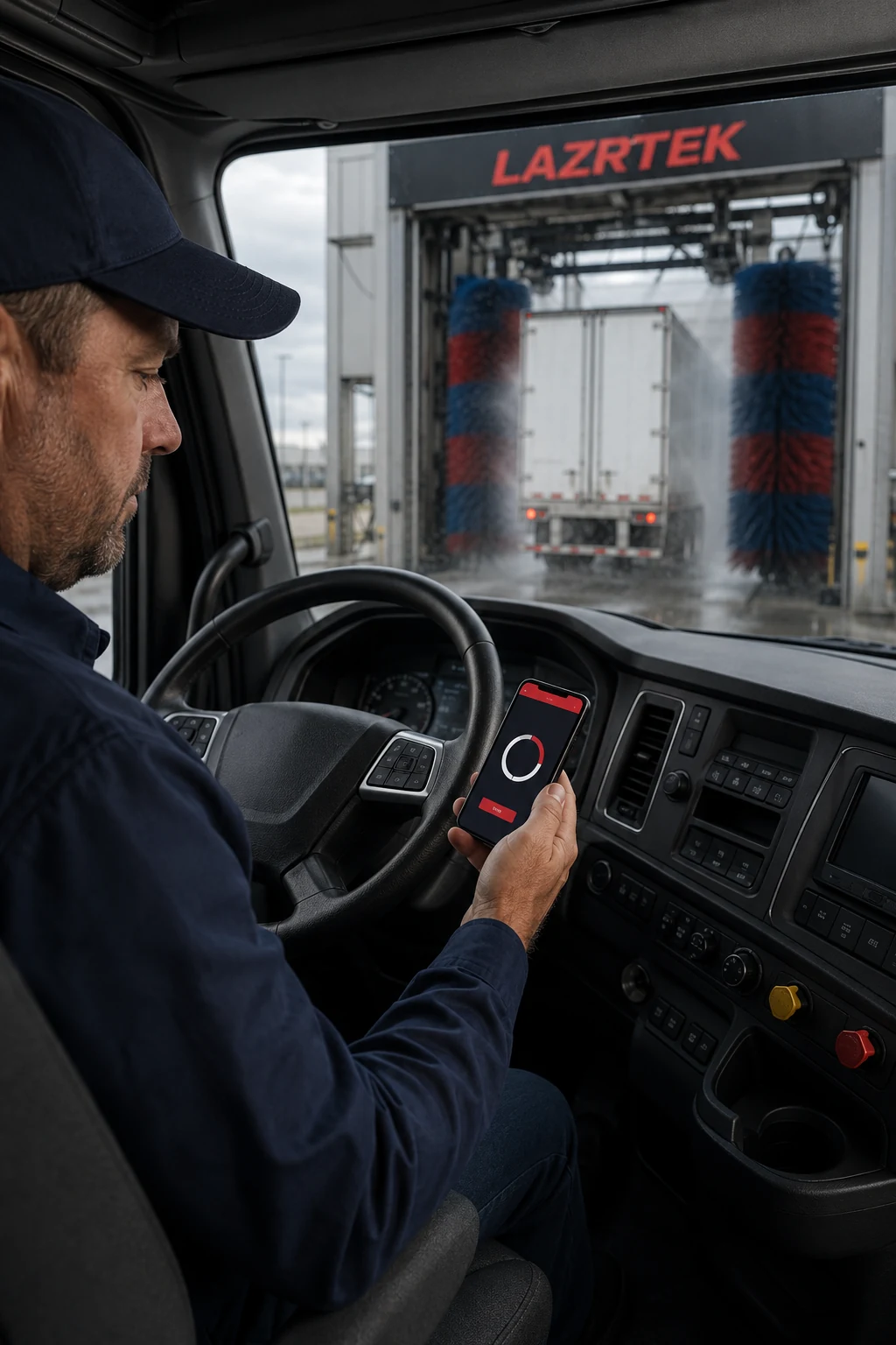 Truck driver in his cab checking the LazrTek Wash loyalty app on his phone while his trailer runs through the LazrTek wash bay