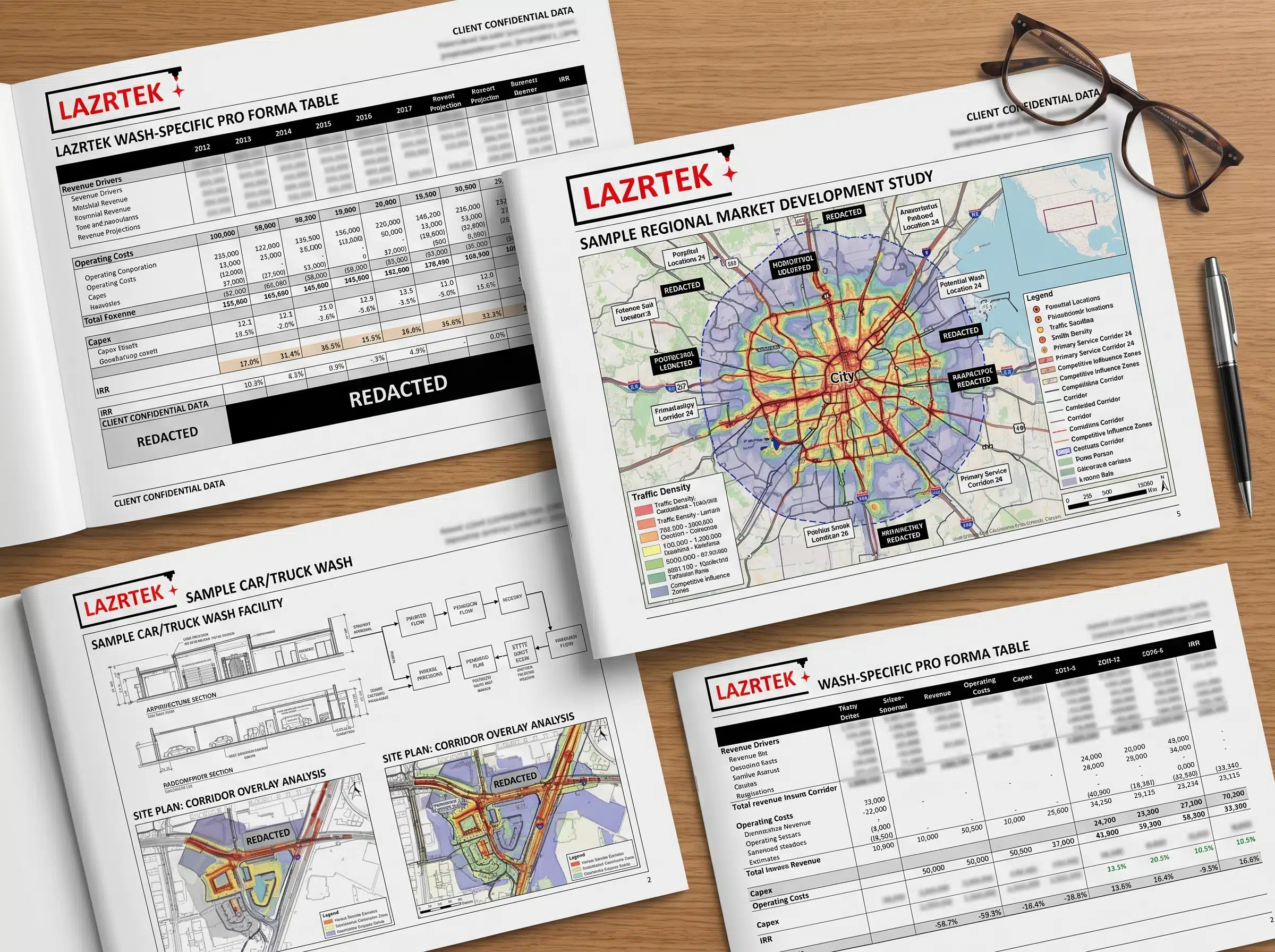 Redacted pages of a LazrTek truck wash feasibility study showing corridor traffic analysis maps, site plans, and pro forma tables