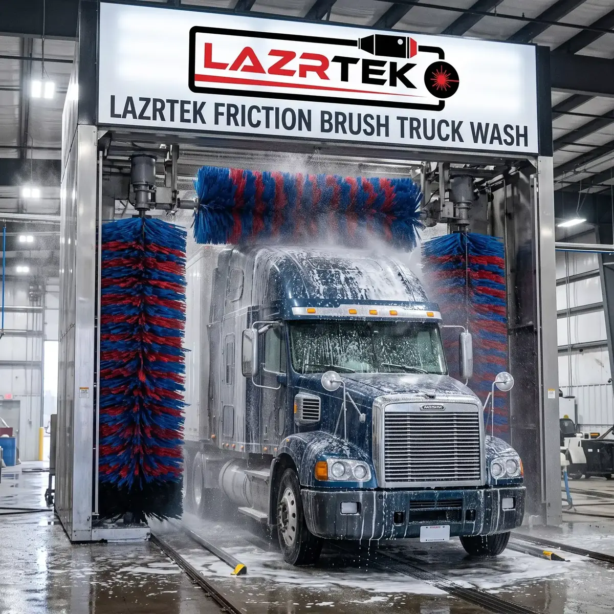 LazrTek friction brush truck wash system scrubbing a semi truck with rotating brushes
