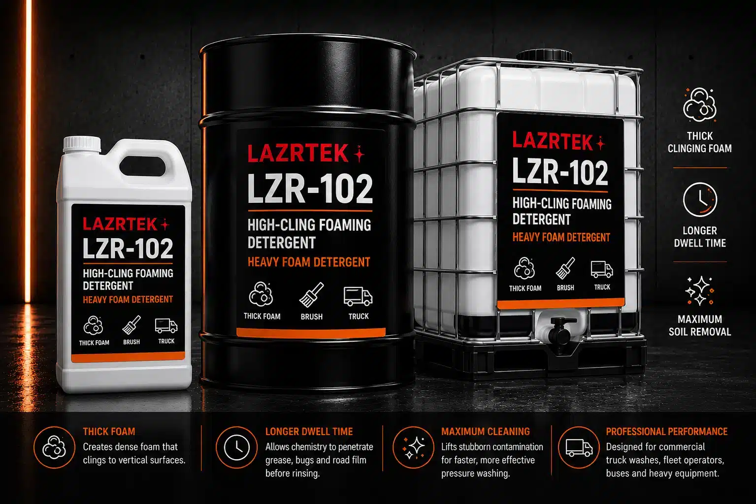 LazrTek Heavy Foam Detergent (LZR-102) — available in jug, drum, and tote sizes