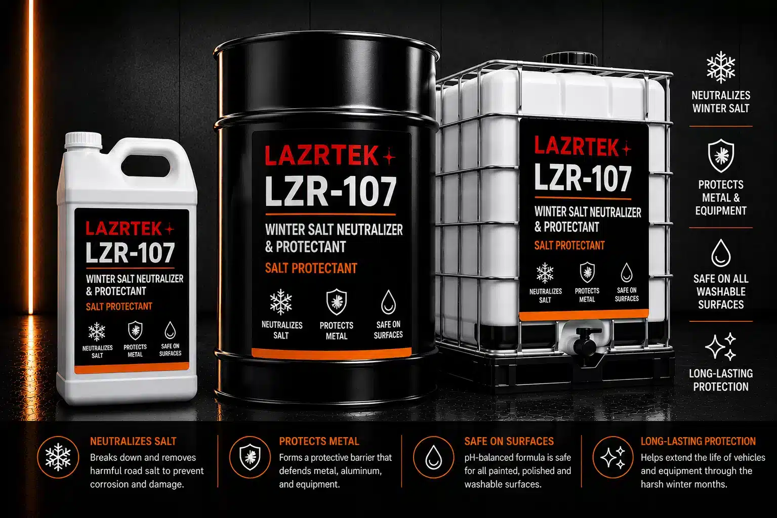 LazrTek Salt Protectant (LZR-107) — available in jug, drum, and tote sizes