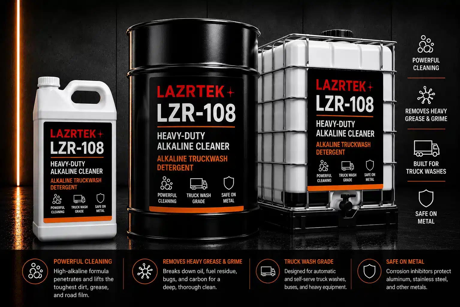 LazrTek Alkaline Truckwash Detergent (LZR-108) — available in jug, drum, and tote sizes