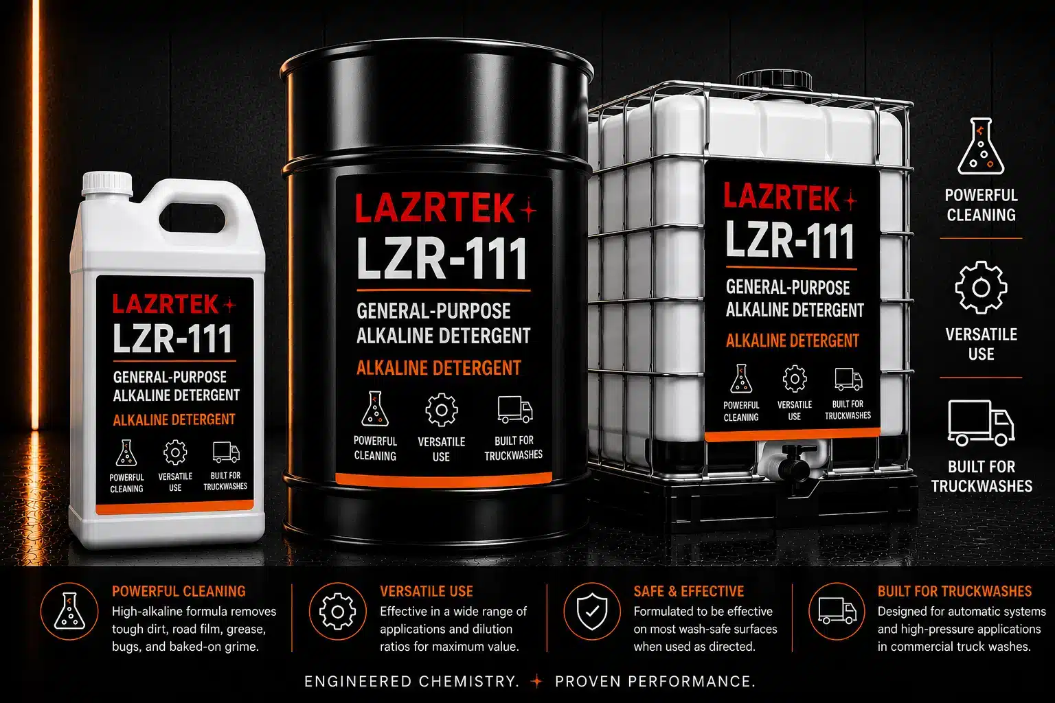 LazrTek Alkaline Detergent (LZR-111) — available in jug, drum, and tote sizes