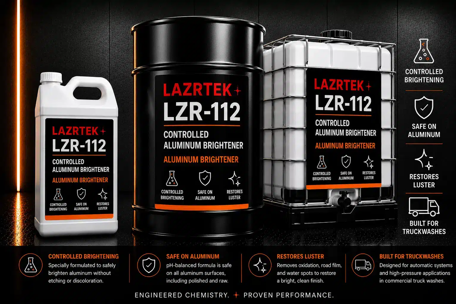 LazrTek LZR-112 Aluminum Brightener truck wash detergent shown in jug, drum and tote packaging