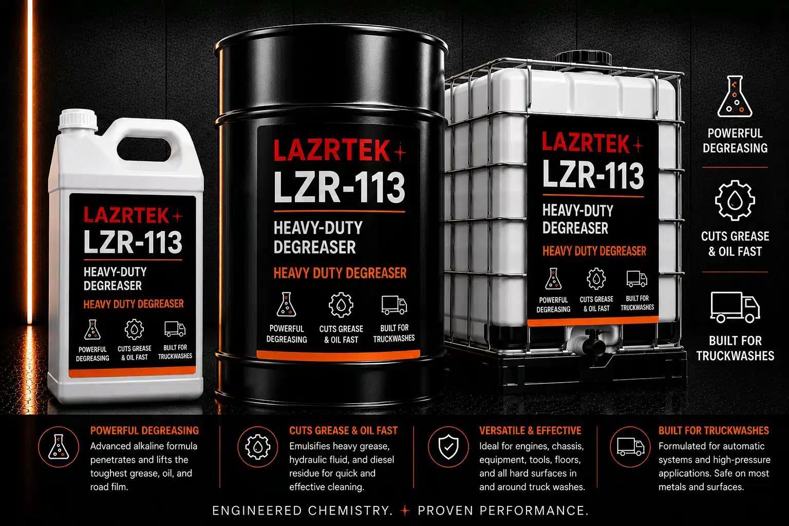 LazrTek Heavy Duty Degreaser (LZR-113) — available in jug, drum, and tote sizes