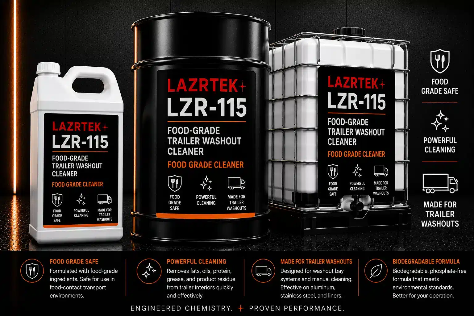 LazrTek Food Grade Cleaner (LZR-115) — available in jug, drum, and tote sizes