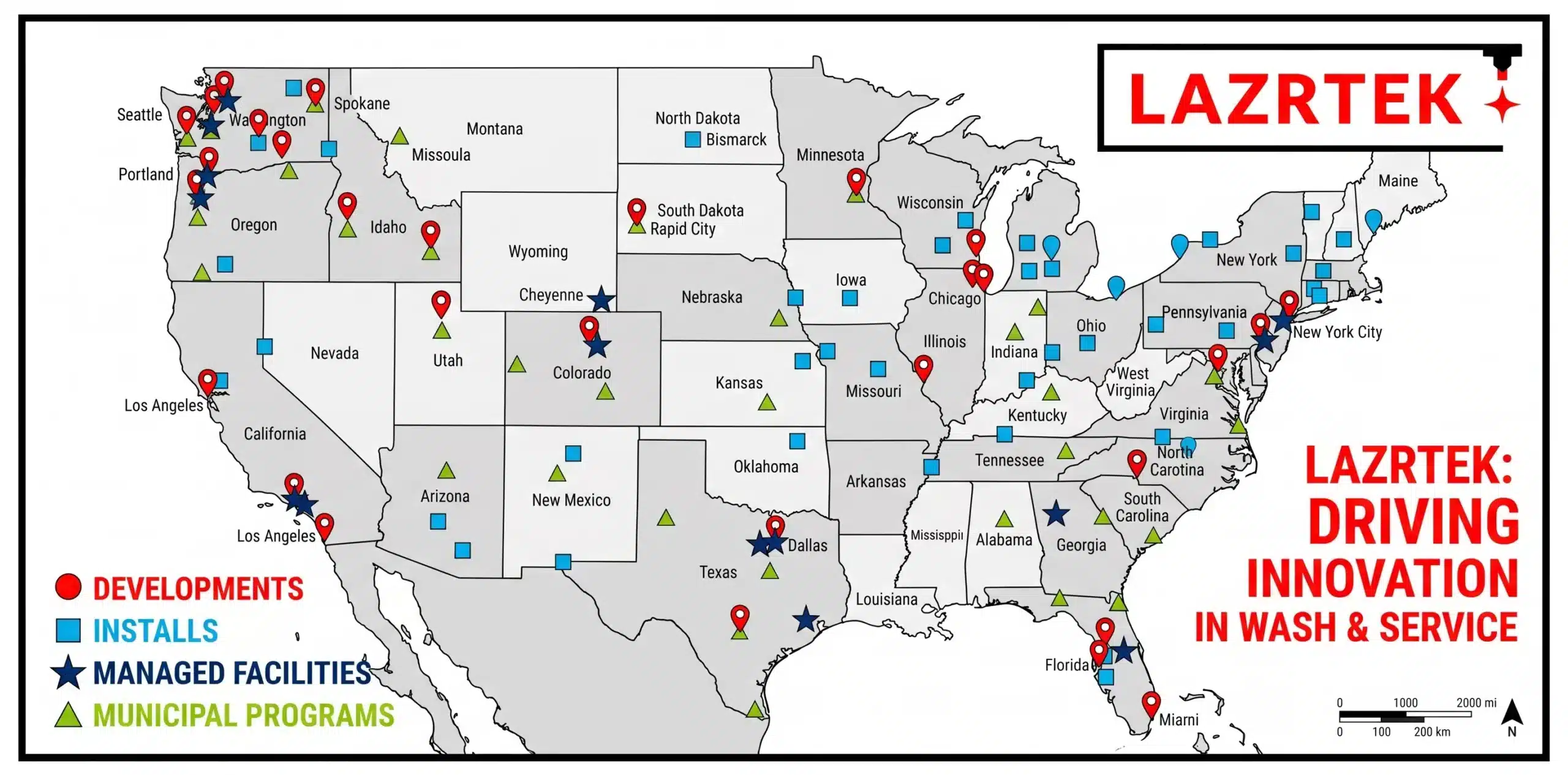 Map of LazrTek's nationwide footprint showing wash developments, equipment installs, managed facilities, and municipal programs across the United States