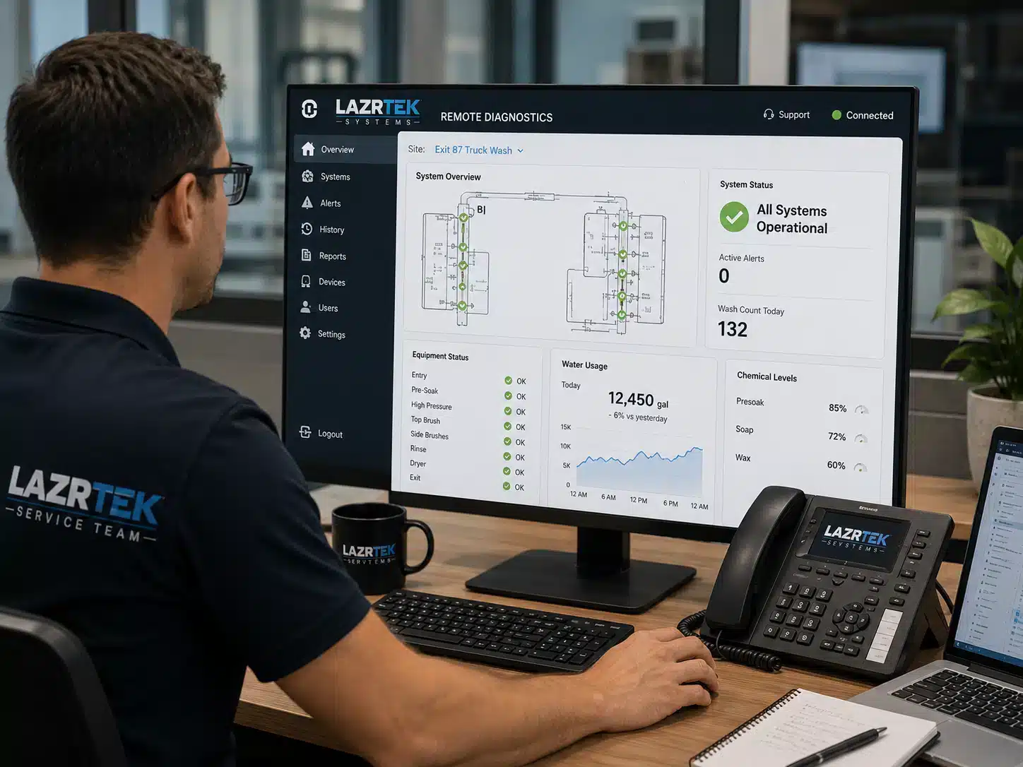 LazrTek remote diagnostics dashboard monitoring a customer wash site in real time