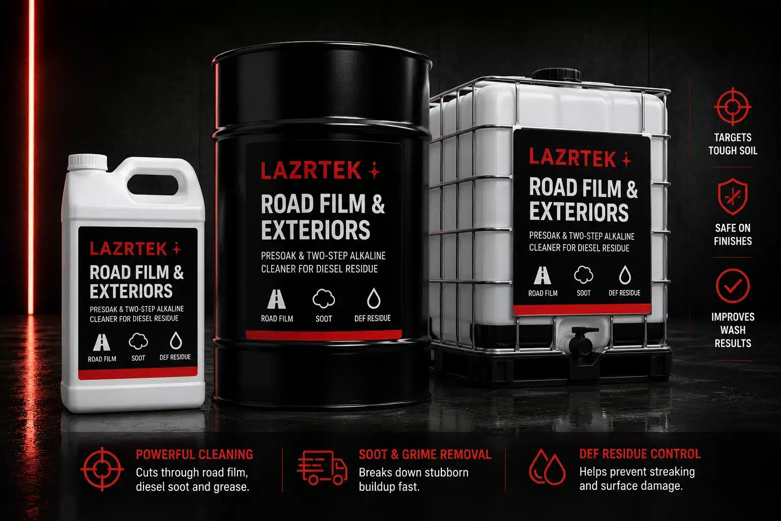 LazrTek Road Film & Exteriors — presoak and two-step alkaline cleaner for diesel residue, in jug, drum, and tote sizes