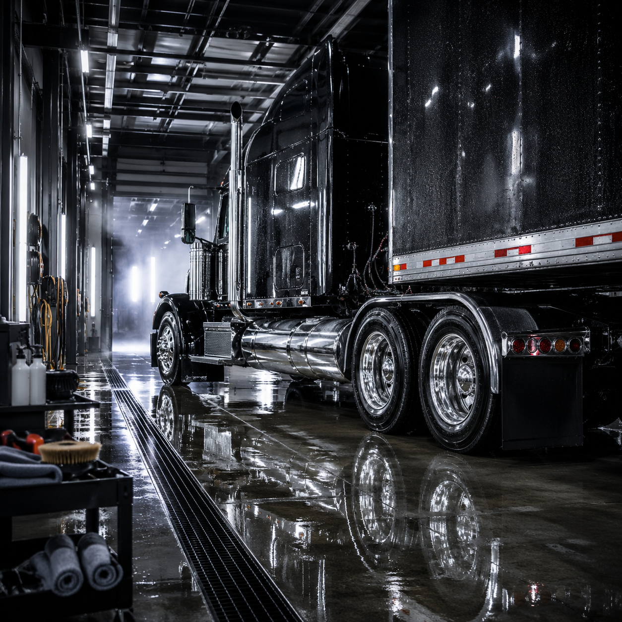 Semi truck and trailer inside a LazrTek full-service truck wash bay