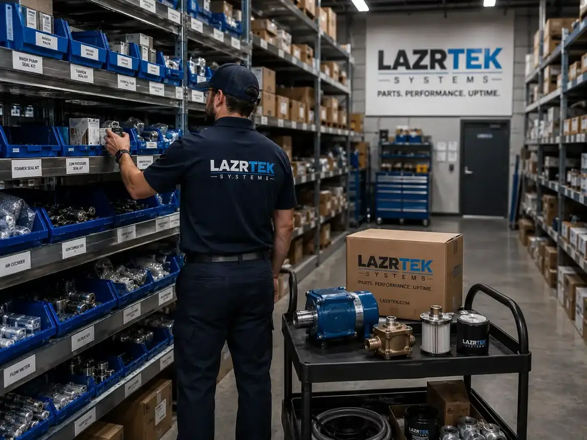 LazrTek parts warehouse stocked for 24-hour turnaround on wash system components