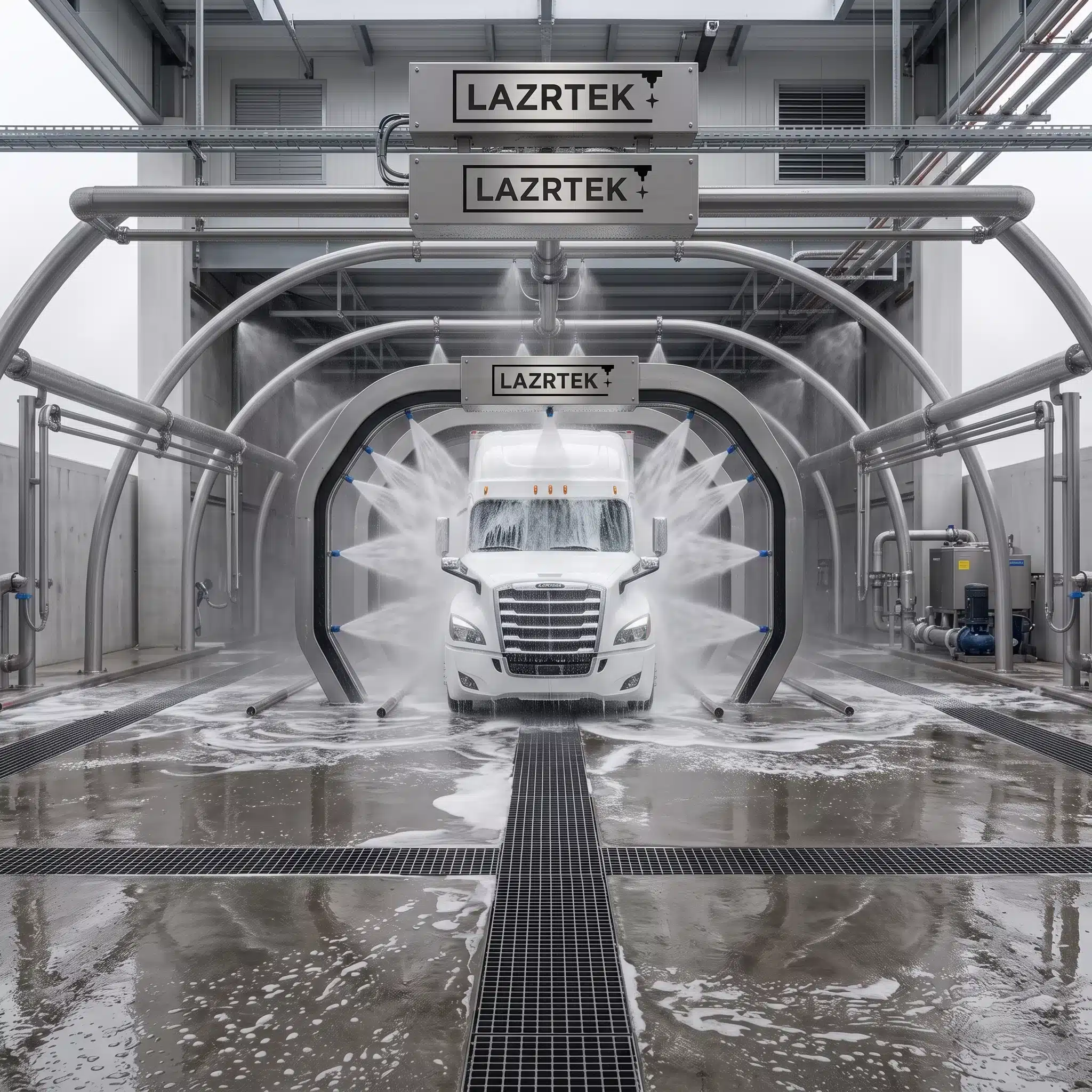 LazrTek touchless wash system cleaning a semi truck with high-pressure arcs and no brushes