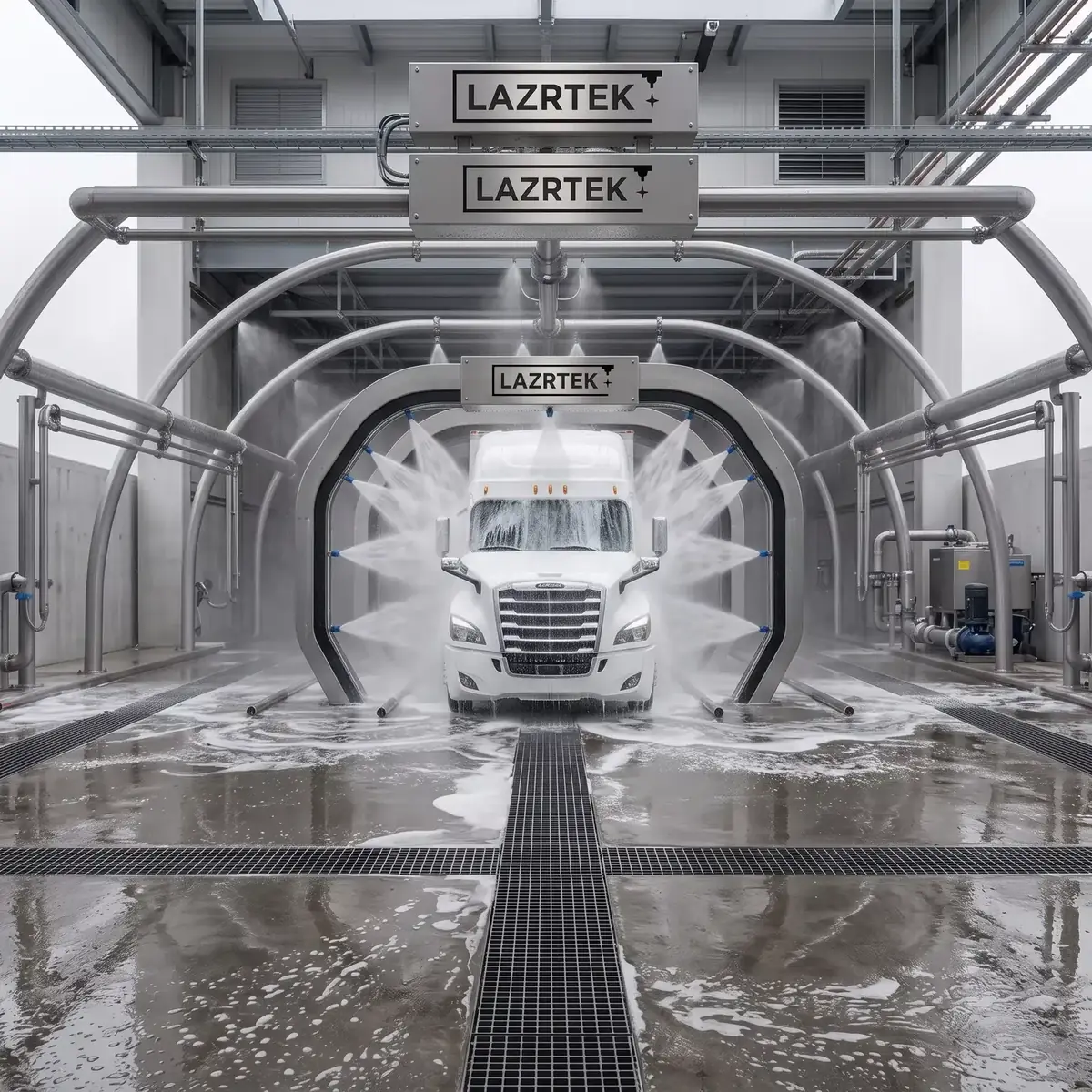 LazrTek touchless drive-through wash system spraying a semi truck