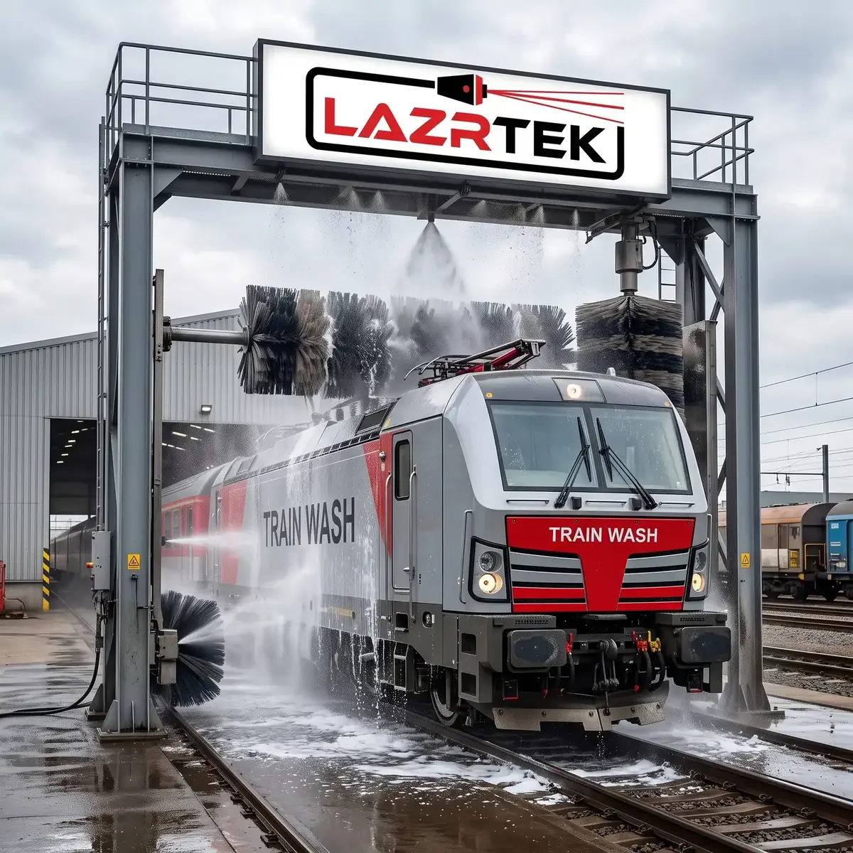 LazrTek custom rail wash system cleaning a locomotive — an example of specialty configurations for transit and rail