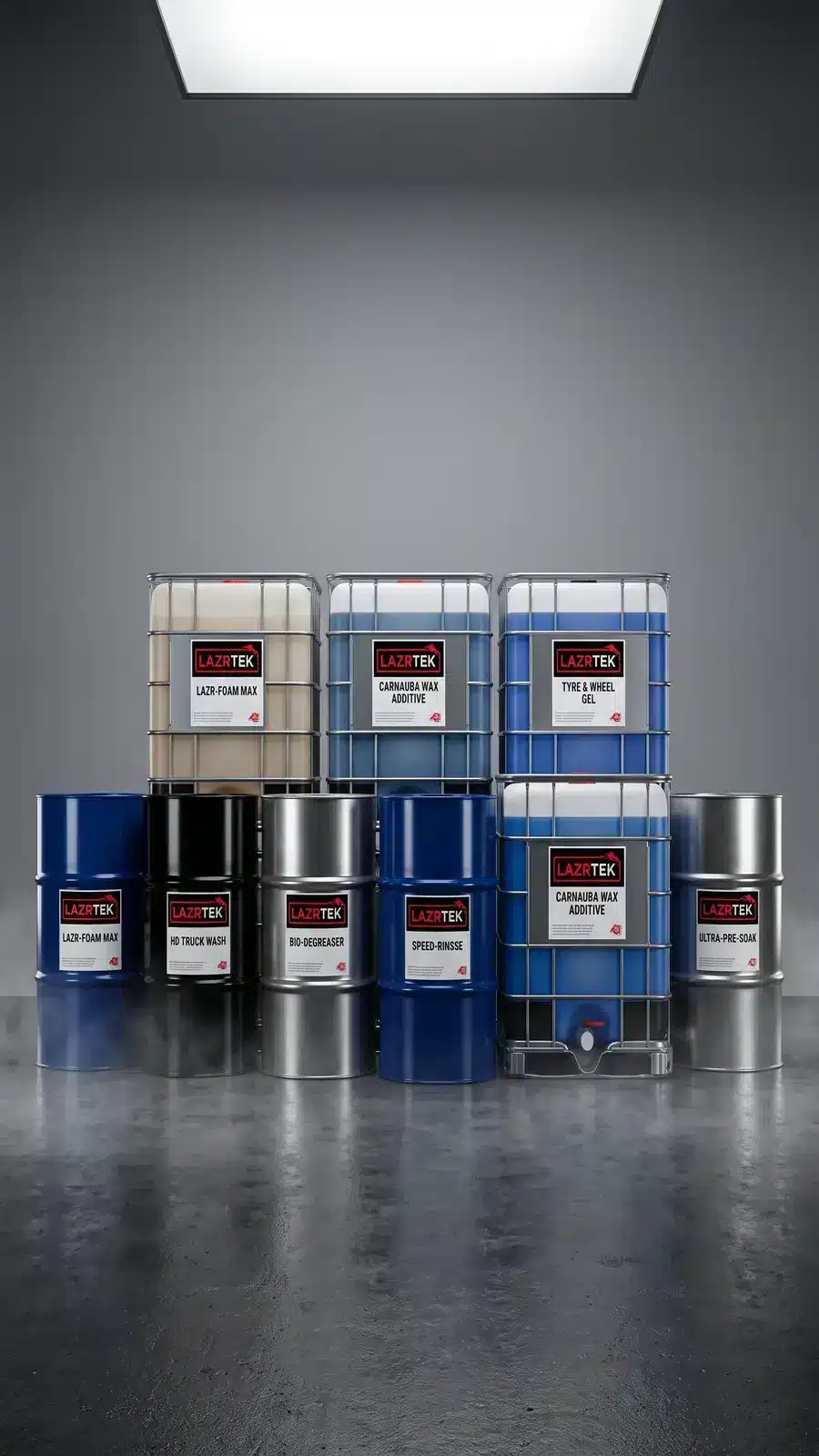 LazrTek truck wash detergent lineup — drums and totes of presoak, foam, degreaser, rinse, and wax additive chemistry