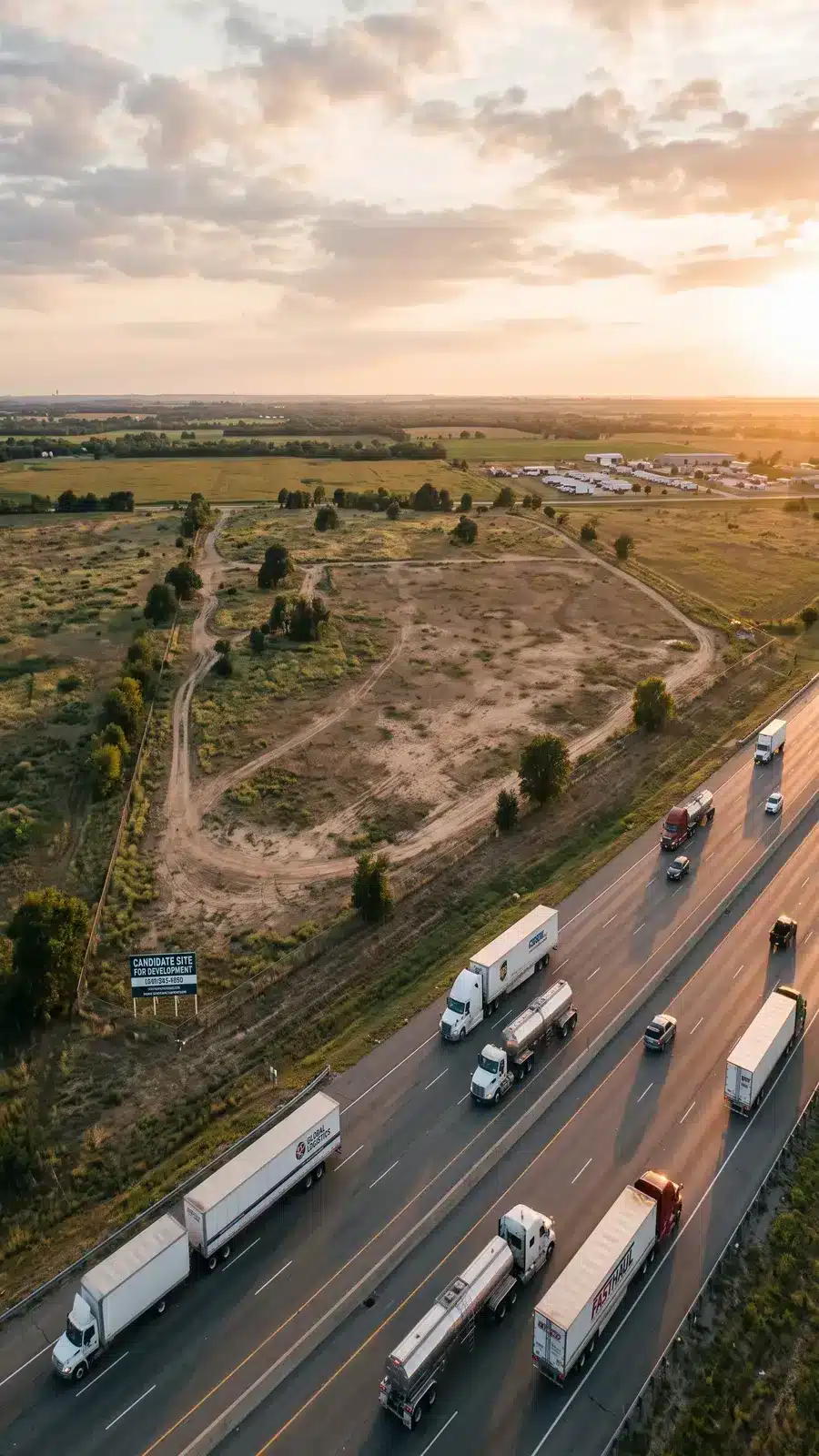 Aerial view of a candidate truck wash development site beside a busy interstate trucking corridor