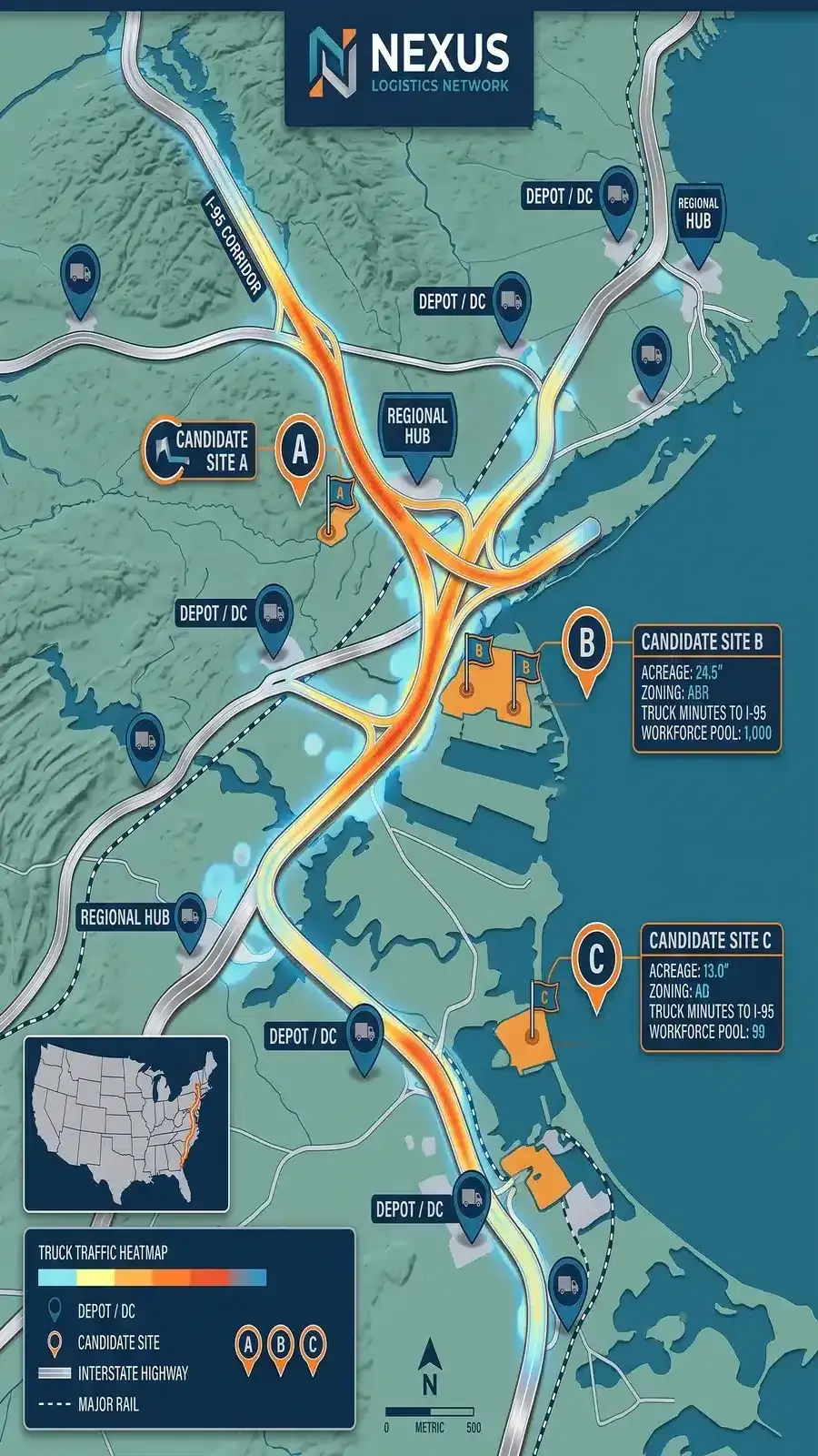 Truck traffic heatmap analysis of an interstate corridor comparing three candidate truck wash sites against nearby depots and distribution centers