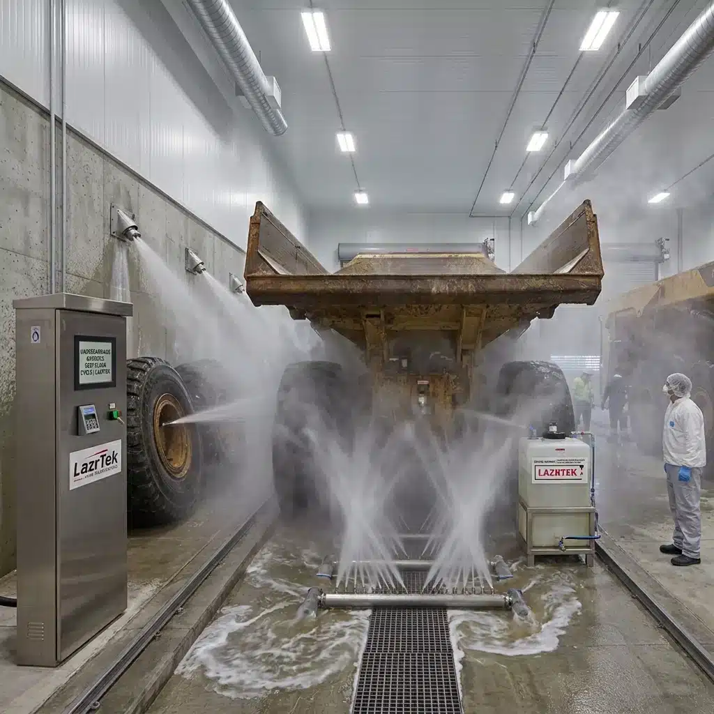 LazrTek undercarriage and wheel wash system cleaning a construction truck