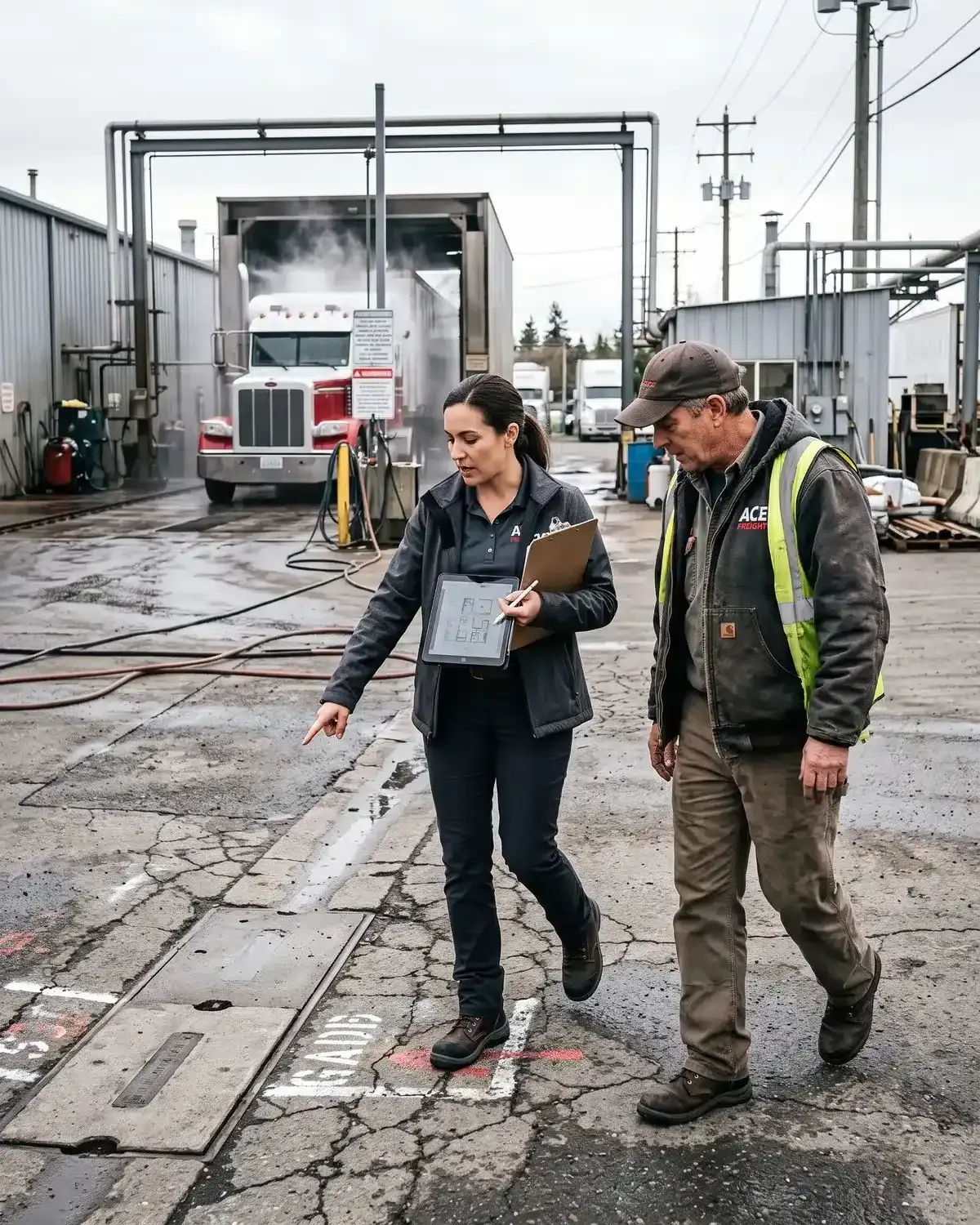 LazrTek consultant reviewing site plans with a wash operator during an on-site walk-through