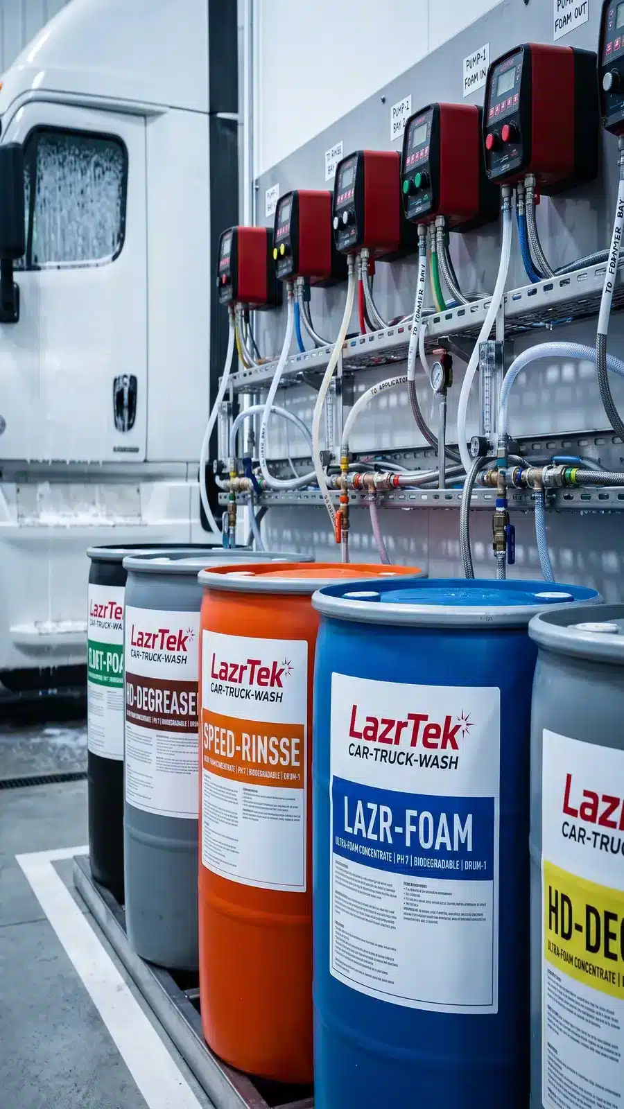 LazrTek chemical room with labeled detergent drums and calibrated dosing pumps feeding an operating truck wash bay