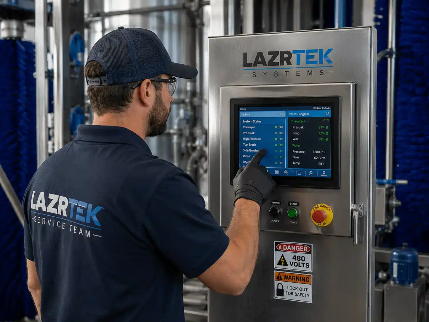 LazrTek service technician running system checks at a wash control panel touchscreen