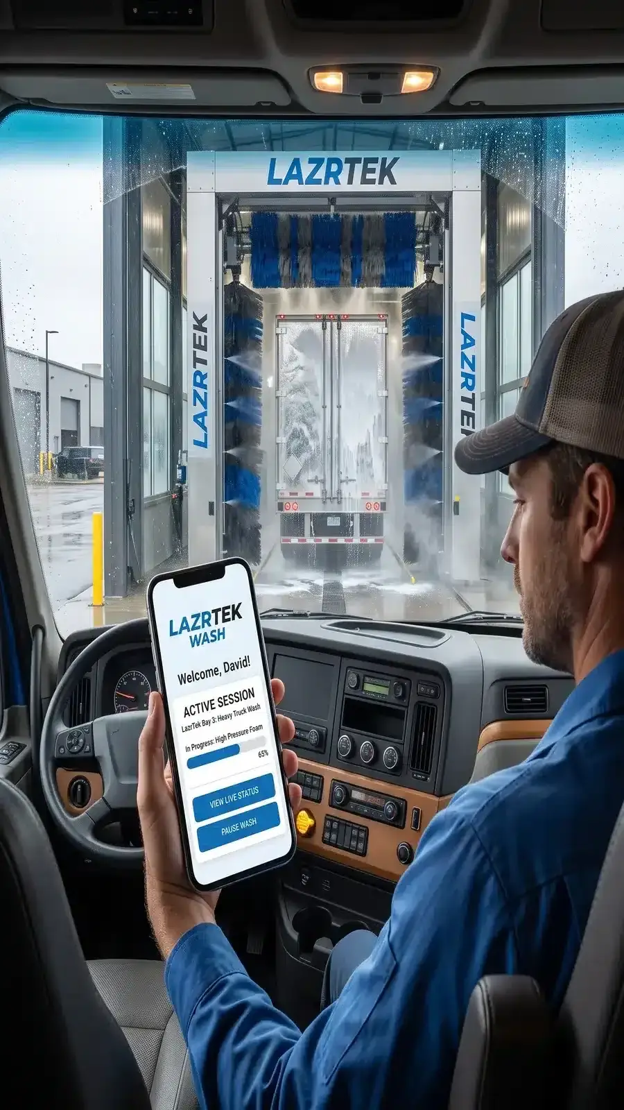 Truck driver checking wash progress in the LazrTek Wash loyalty app while his trailer runs through an automated wash bay