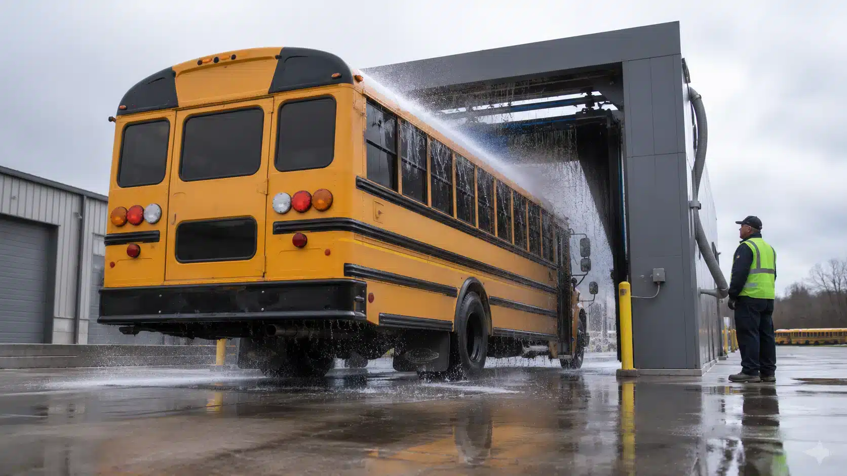A school bus exiting an automated wash bay with an attendant monitoring the cycle.