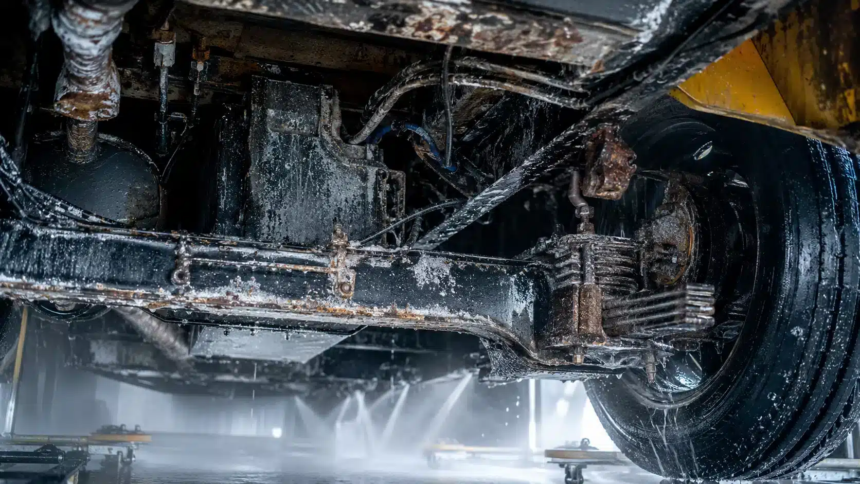 Undercarriage wash spray removing road salt from a school bus chassis and suspension components.