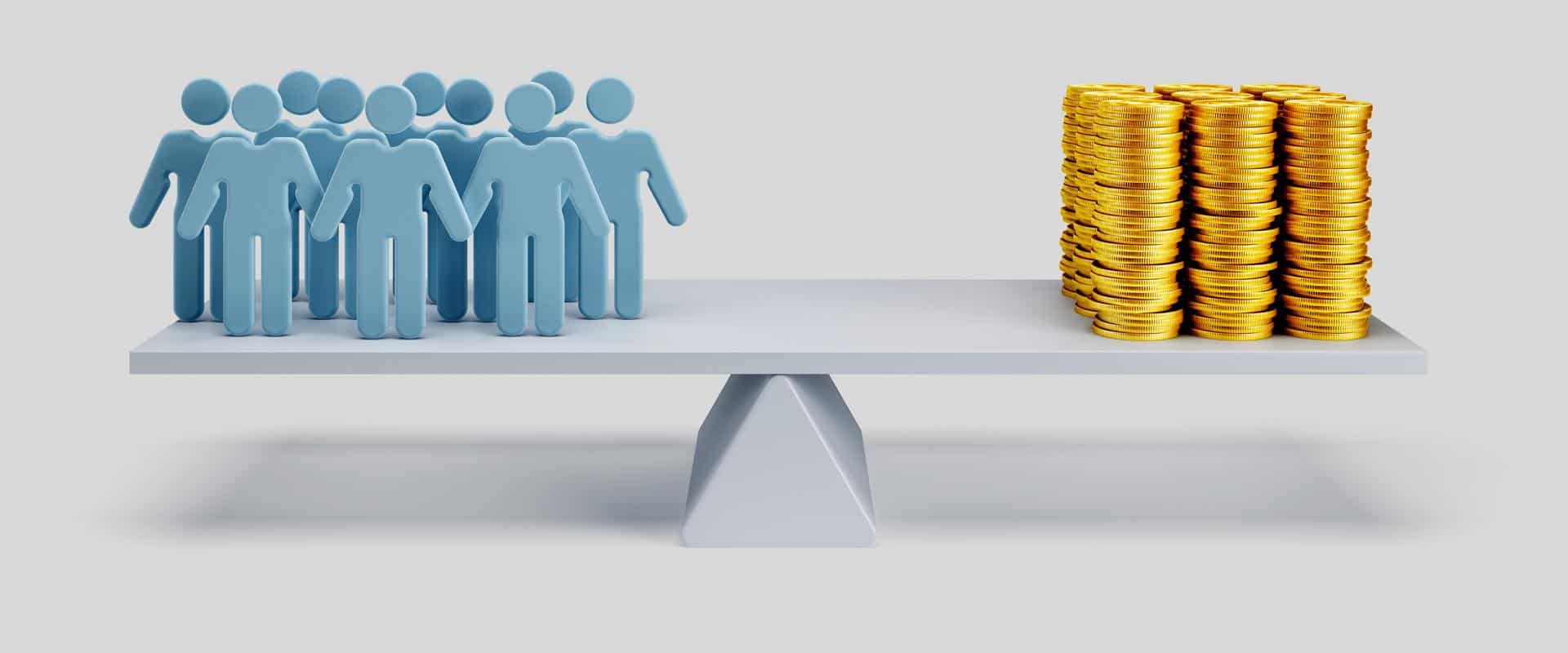A graphic representation of a balanced scale with humanoid figures on one side and stacks of coins on the other, depicting a concept of value or equality.