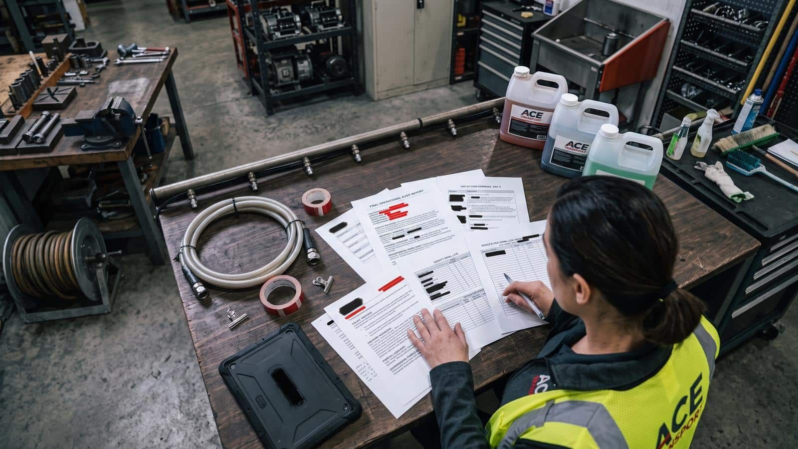 Redacted pages of a LazrTek wash business audit report spread on a workbench during a site review