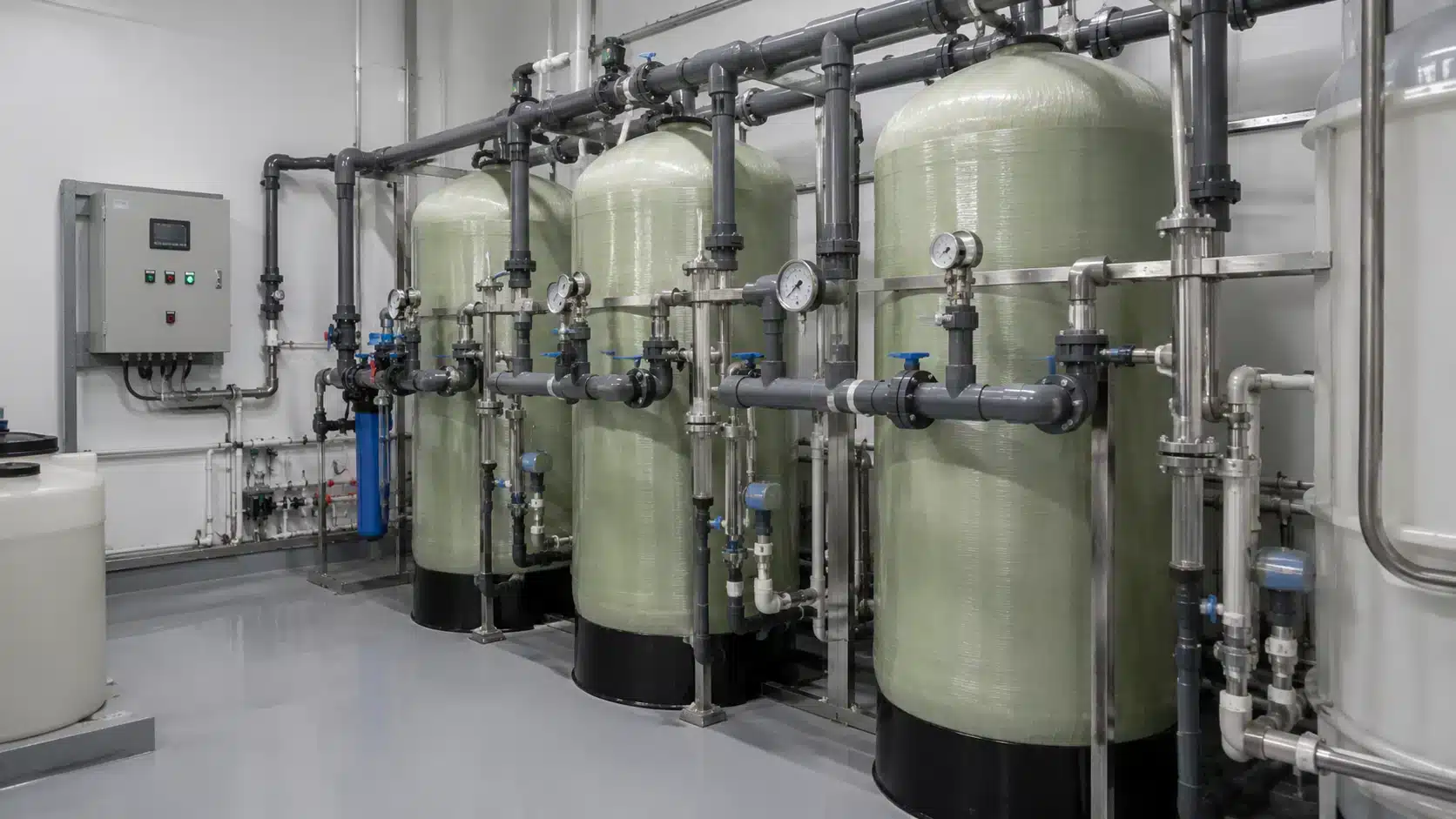 Water reclaim and filtration system that reduces fresh water use at a truck wash.